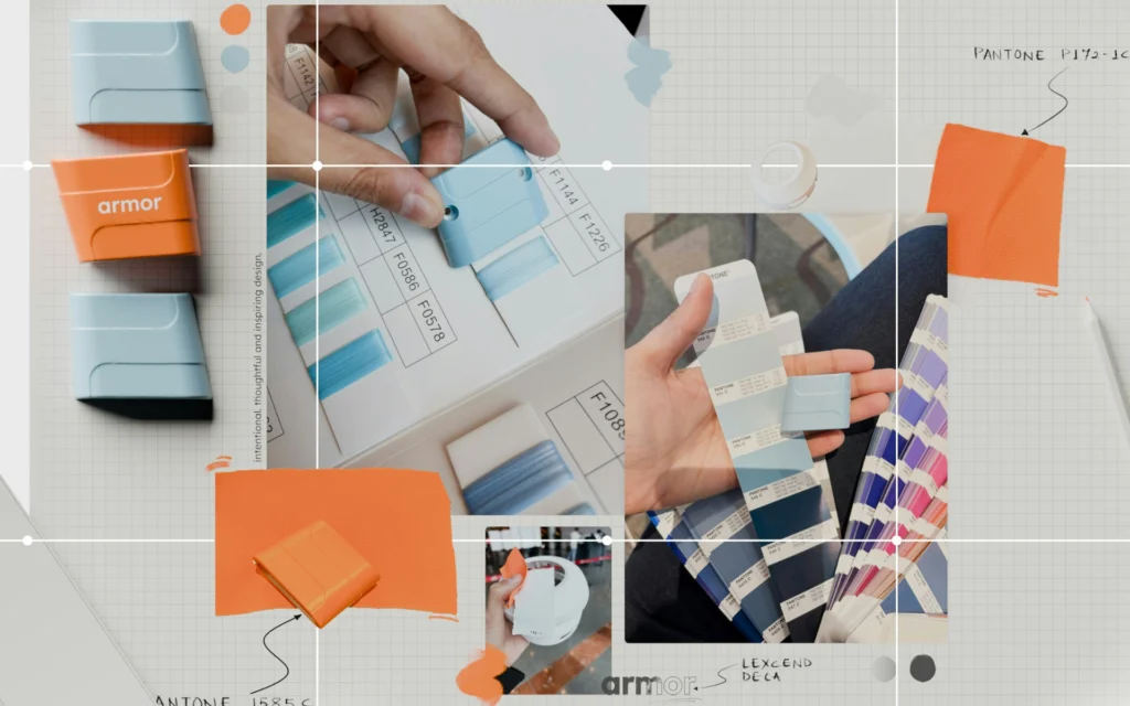 Design moodboard and brand identity collage for Armor showing light blue and orange product prototypes, Pantone color swatches, and fabric samples.