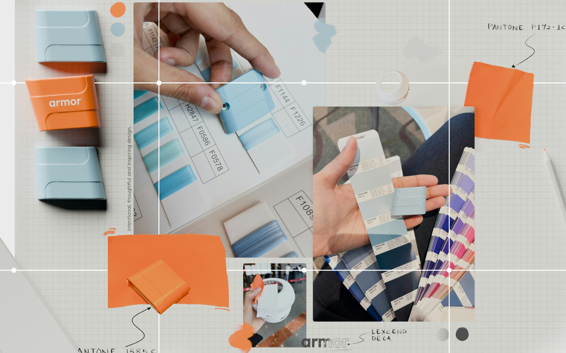 Design moodboard and brand identity collage for Armor showing light blue and orange product prototypes, Pantone color swatches, and fabric samples.