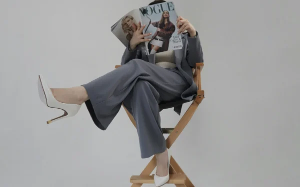 Creative director in a grey suit and white stiletto heels sitting in a director's chair while reading a Vogue magazine covering her face.